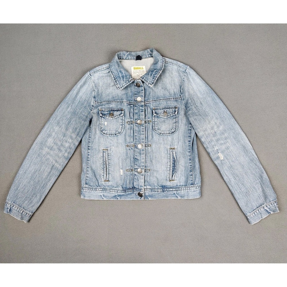 J Crew Denim Jacket‎ Women Small Blue Trucker Distressed Button Up Coat Pockets